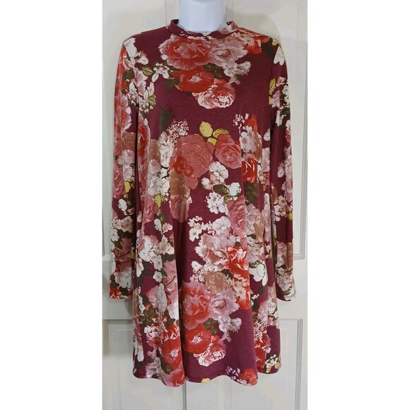 My Story Women's Floral Mock Neck Tunic Dress Sz M burgundy Pink Feminine School - Picture 2 of 16